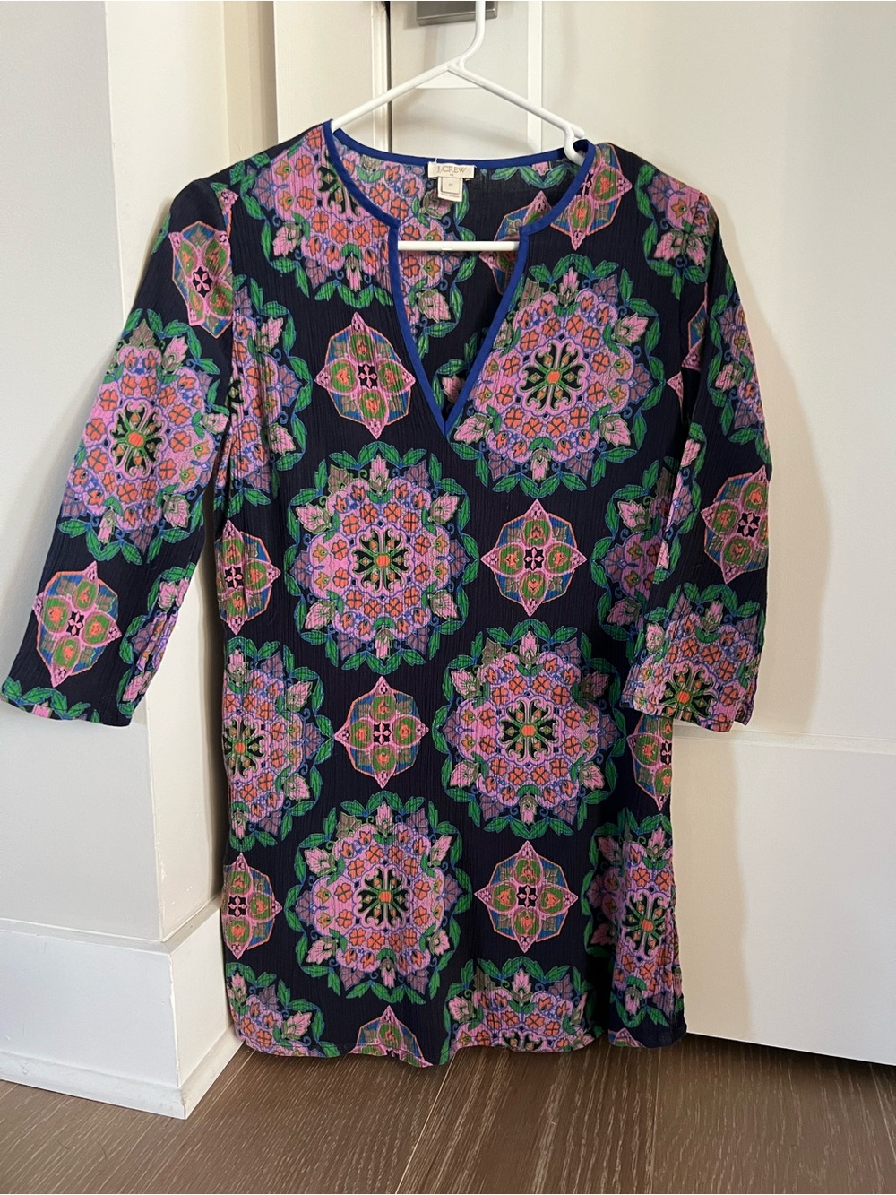 J. Crew Navy Swim Coverup with Pink, Green & Purple Medallion Print